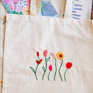 Wildflower hand embroidered tote bag, minimalistic boho chic shopping bag